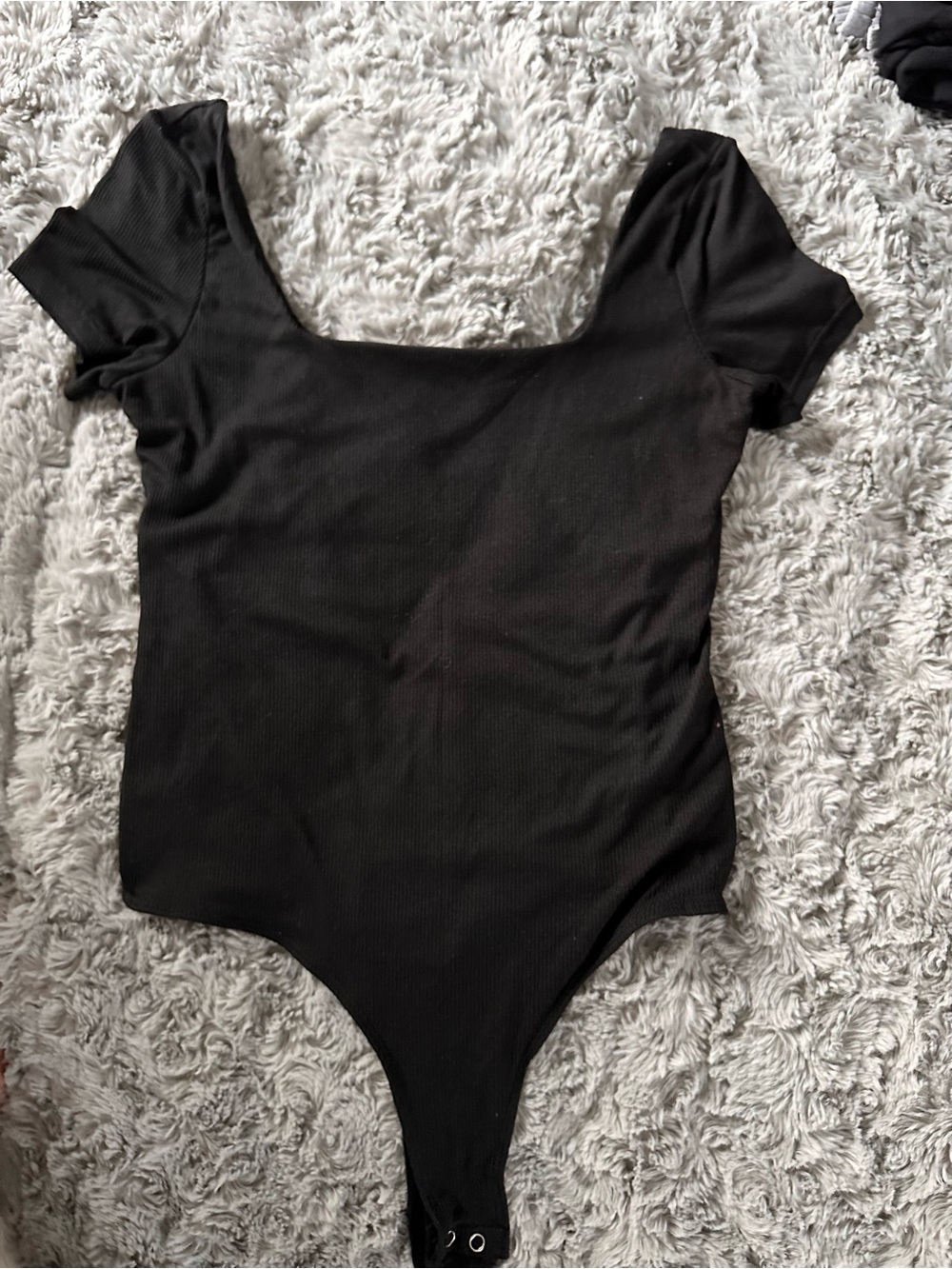 Popular 21 Black Ribbed Short Sleeve Square Neck Bodysuit